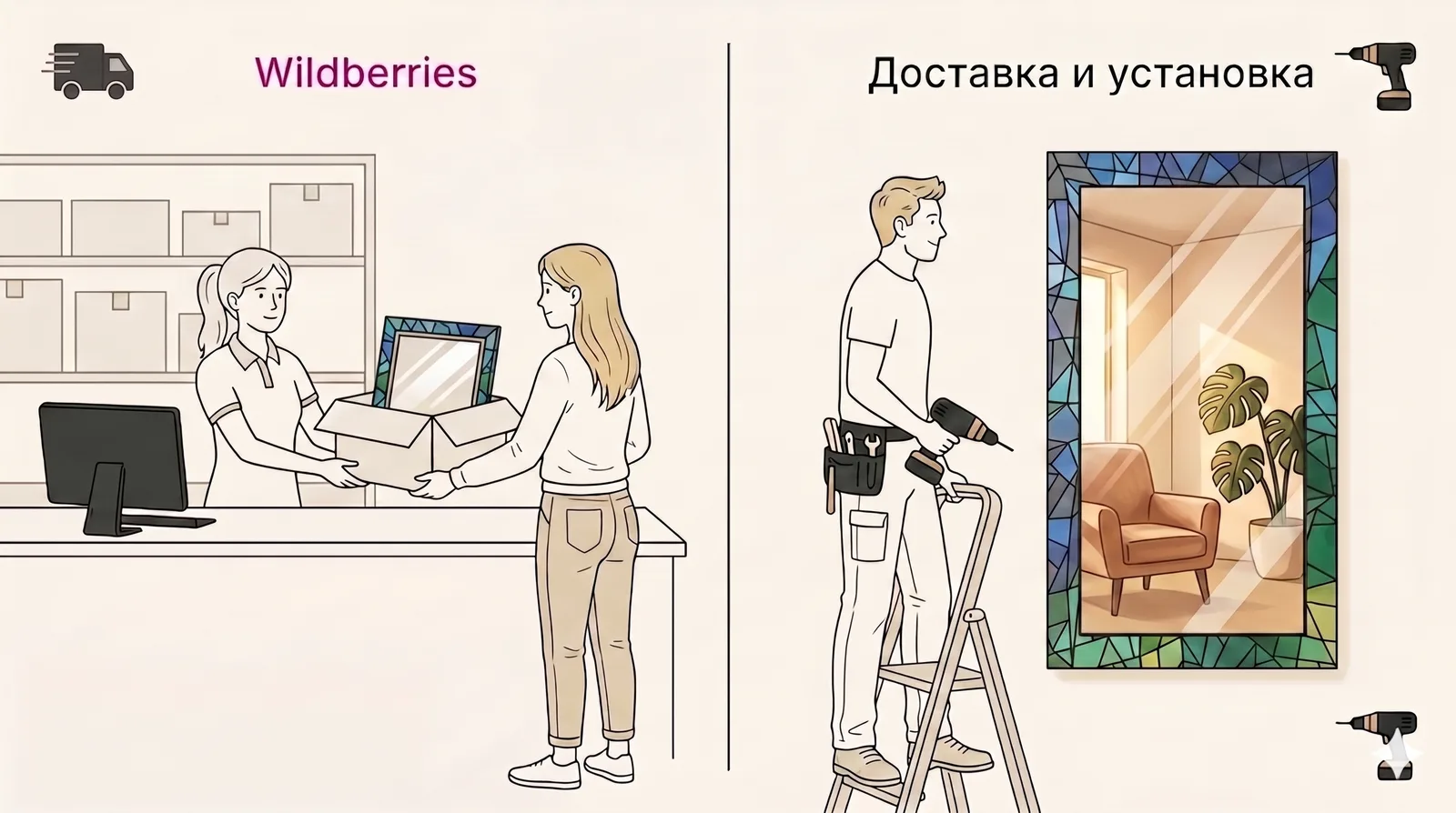Сравнение: на Wildberries — стандартное зеркало 40×60 в коробке из ПВЗ; напрямую у нас — крупноформатное зеркало в авторской мозаичной раме с доставкой и установкой под ключ